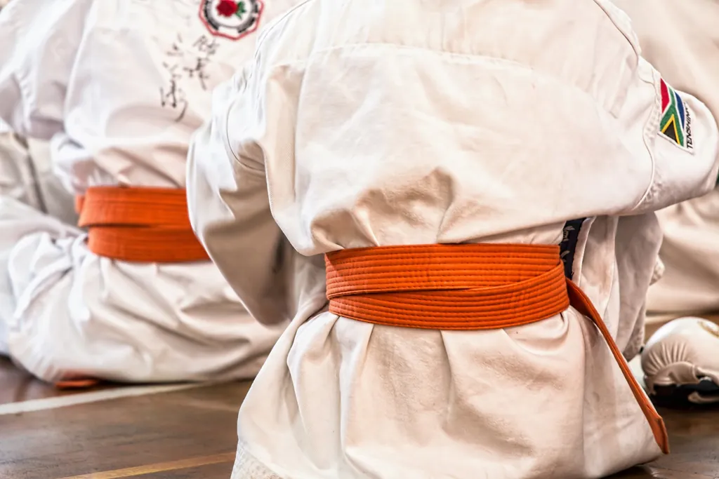 Two students with orange belts kneeling on the mat