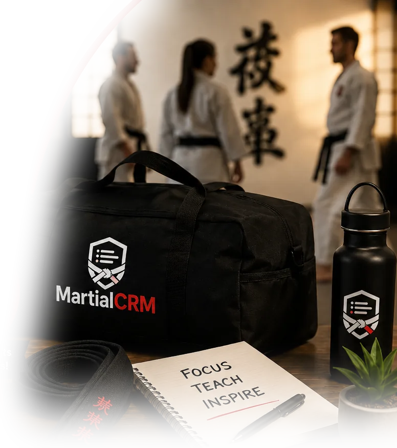Instructors in a dojo with a MartialCRM bag and a notebook reading Focus, Teach, Inspire